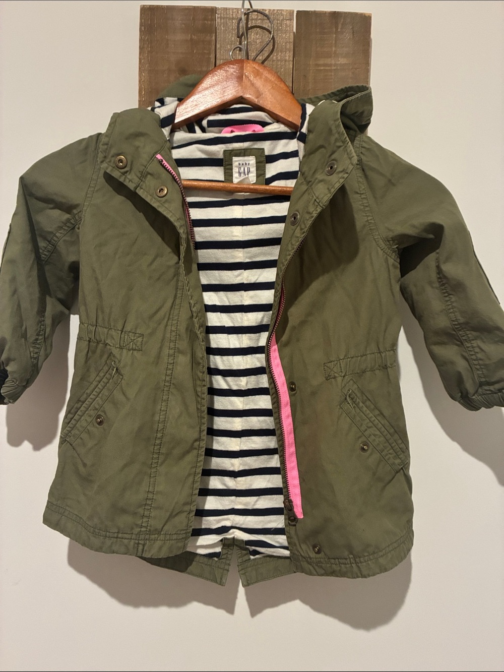 GAP Olive Green Hooded Jacket with Navy & White Striped Lining and Pink Trim